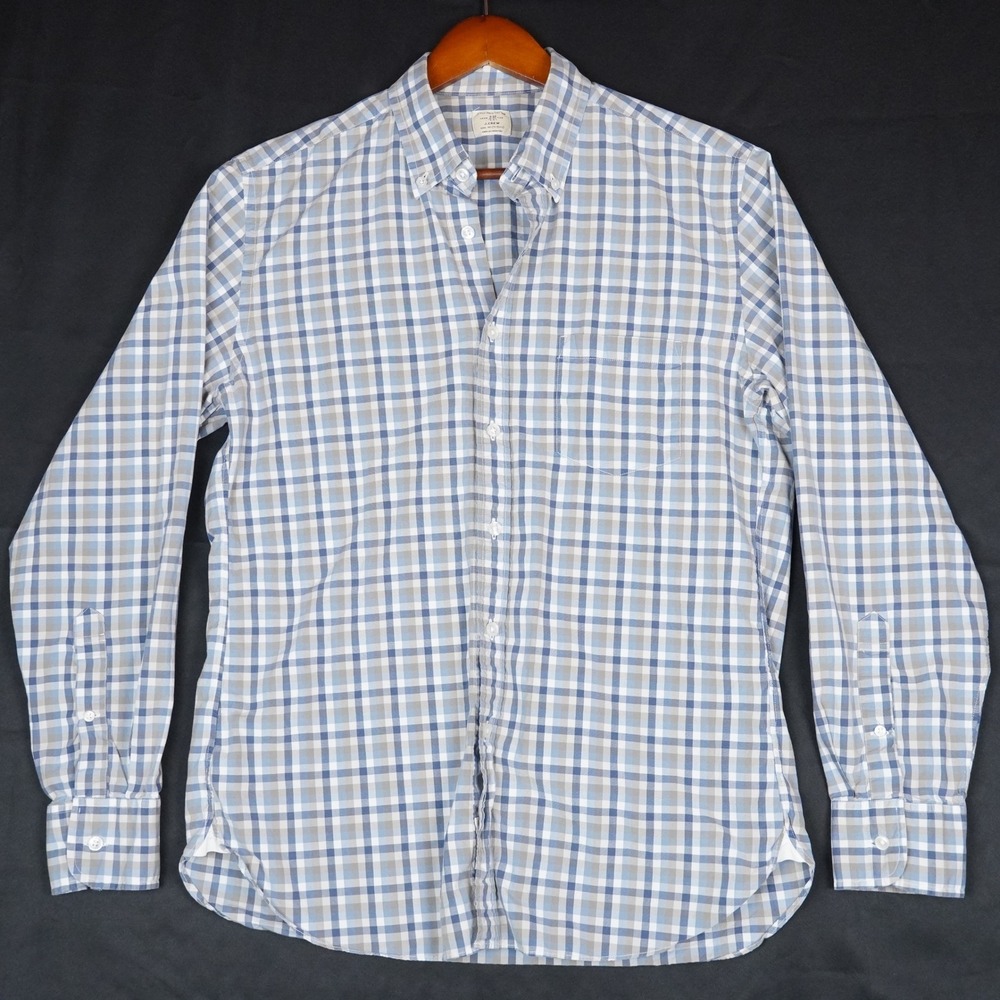 J Crew Button Down Shirt Mens M Blue Grey Check Vintage 2 Ply Cotton Regular Fit